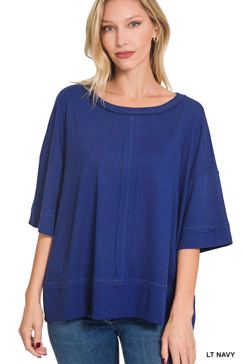 42POPS - RIBBED BOAT NECK DOLMAN 3/4 SLEEVE TOP W FRONT SEAM - Zenana: BLACK-151419 / S