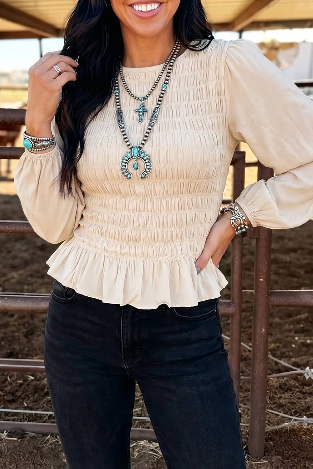 Smocked Ruffle Hem Blouse