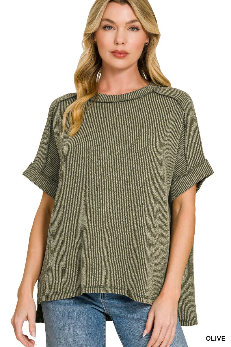 Rib Cuff Sleeve Raw Edge Top