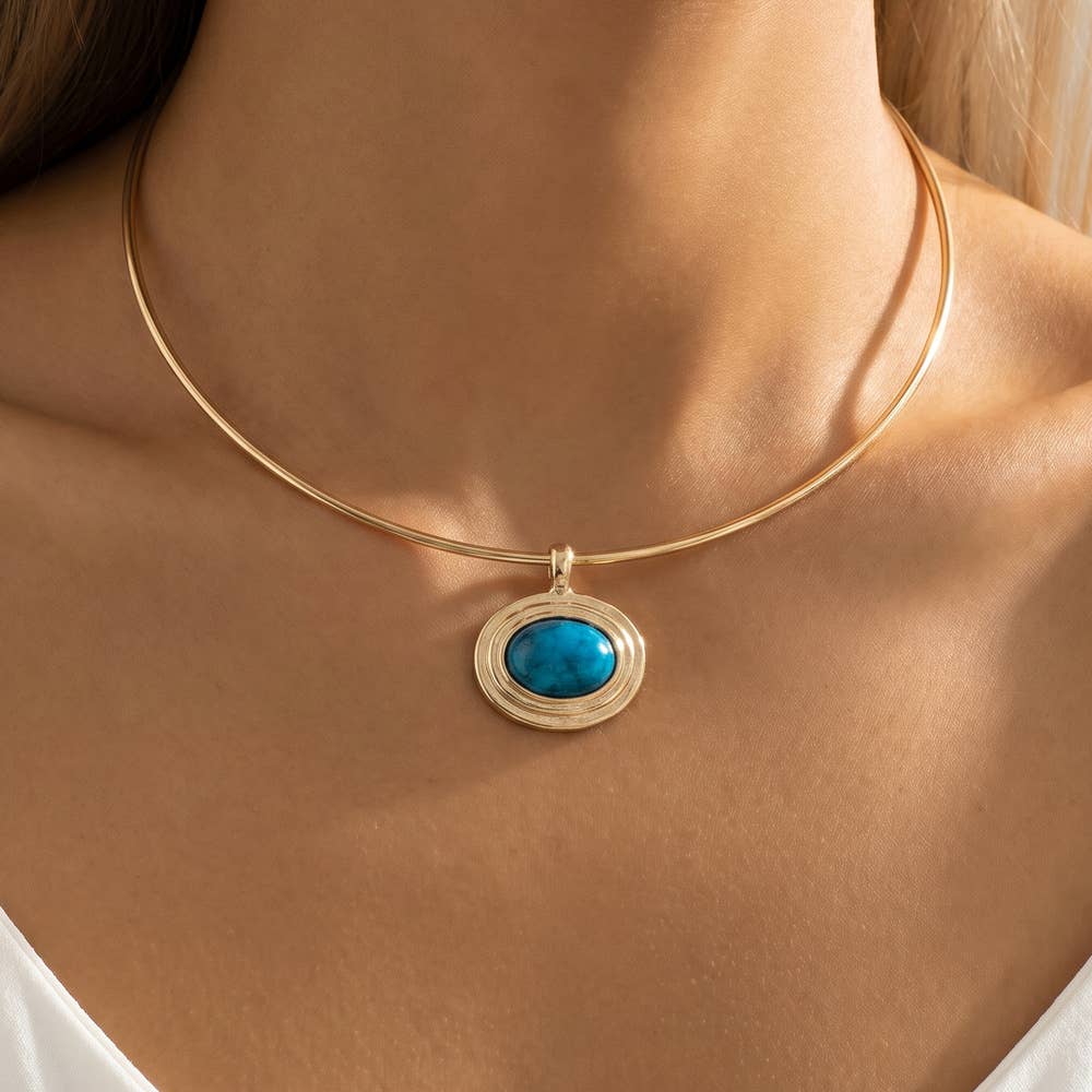 Oval Stone Pendant Omega Wire Necklace
