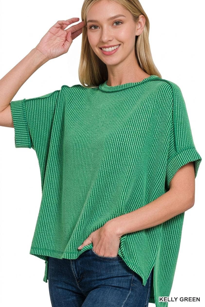 42POPS -  Corded Rib  Short Cuff Sleeve Raw Edge Top - Zenana: MOCHA-183423 / S/M
