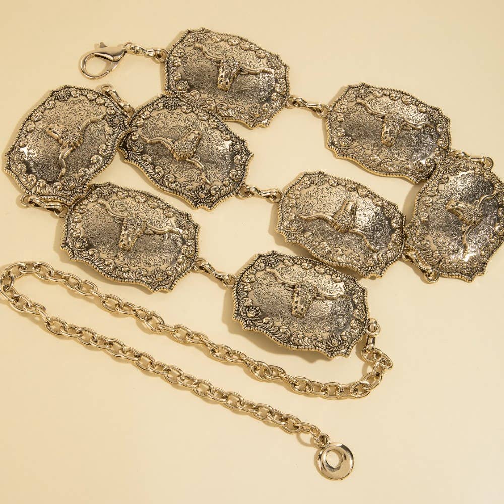 Western Longhorn Engraved Chain Belt