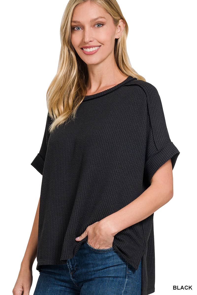 42POPS -  Corded Rib  Short Cuff Sleeve Raw Edge Top - Zenana: MOCHA-183423 / S/M
