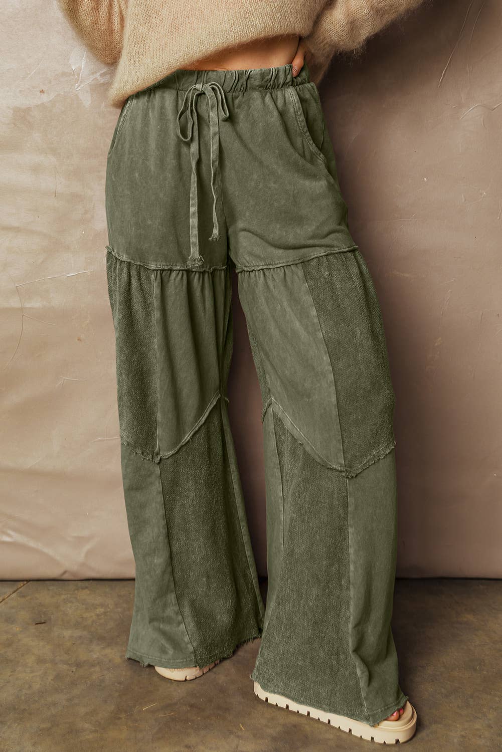 66DISCO - Mineral Wash Tiered Wide Leg Patchwork Drawstring Pants S-4X: Black / L