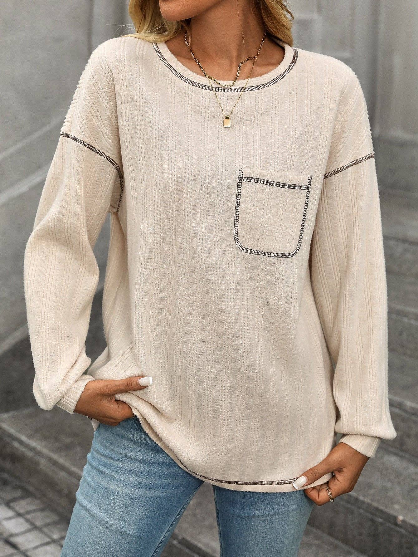 Apricot Ribbed Knit Long Sleeve