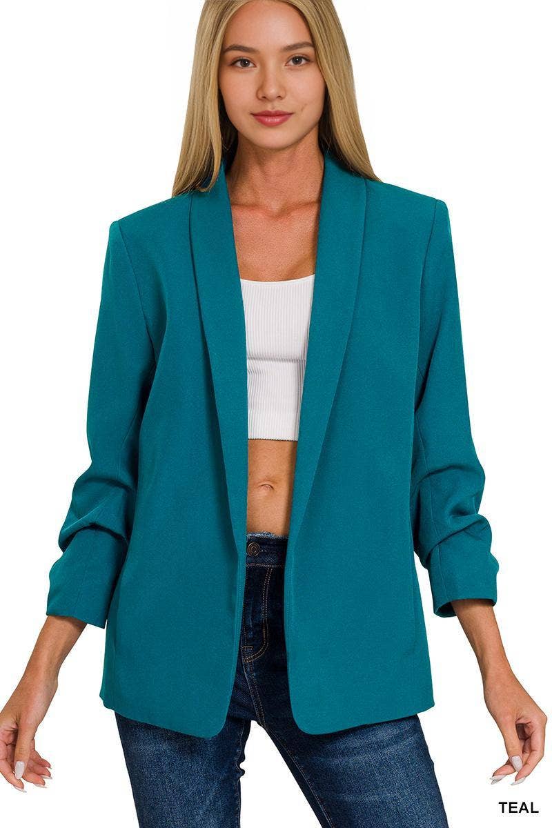 42POPS -  Ruched Sleeve Open Front Classic Blazer - Zenana: BLACK-151914 / XL