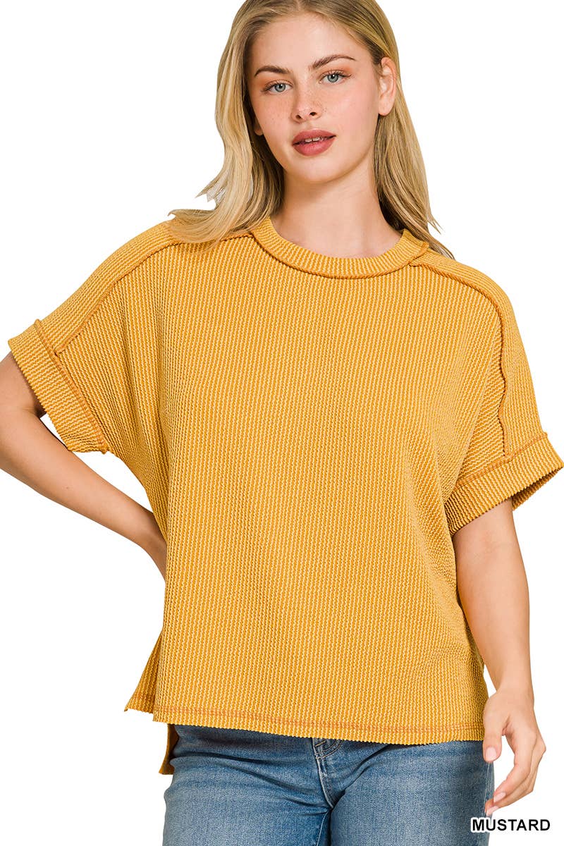 42POPS -  Corded Rib  Short Cuff Sleeve Raw Edge Top - Zenana: MOCHA-183423 / S/M