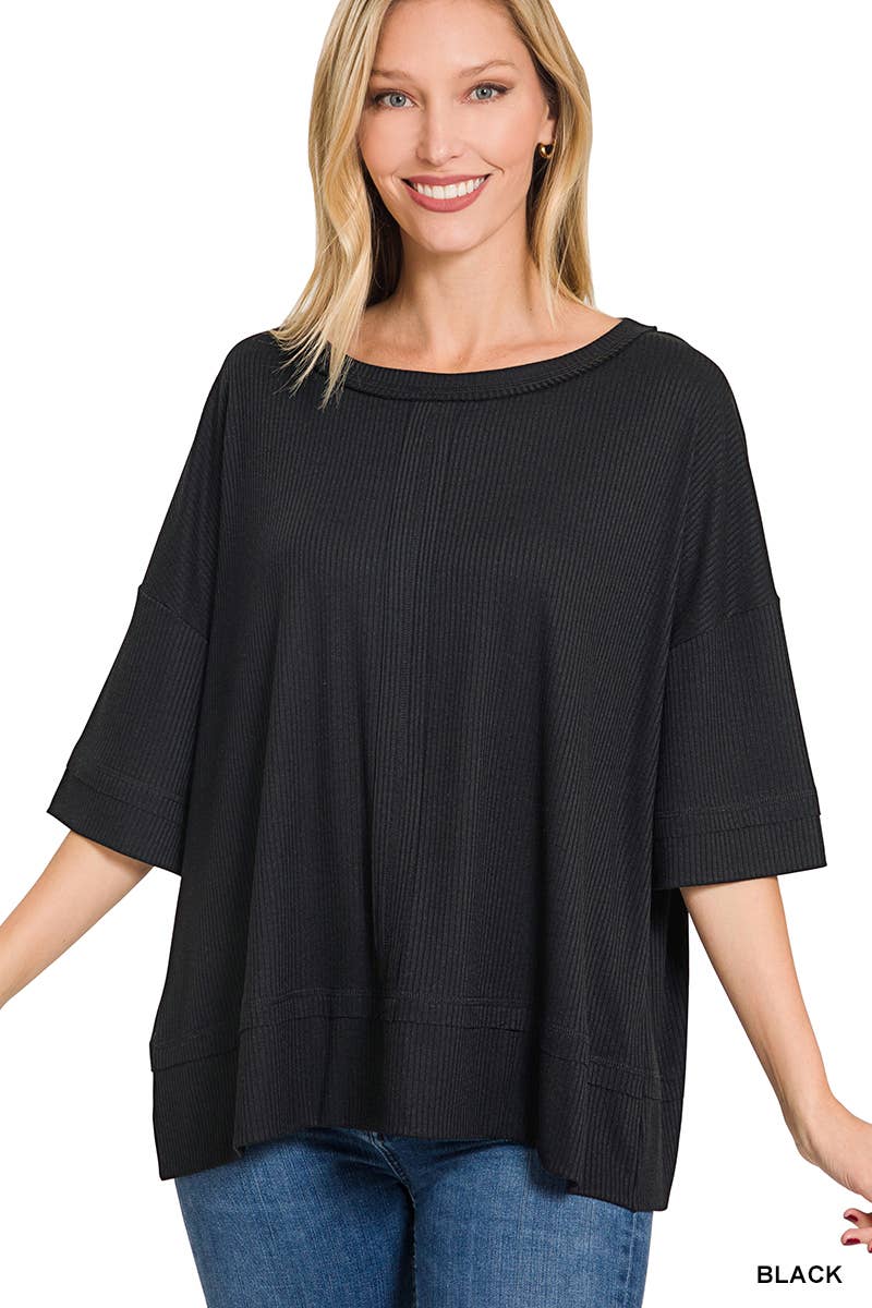 42POPS -  RIBBED BOAT NECK DOLMAN 3/4 SLEEVE TOP W FRONT SEAM - Zenana: BLACK-151419 / S