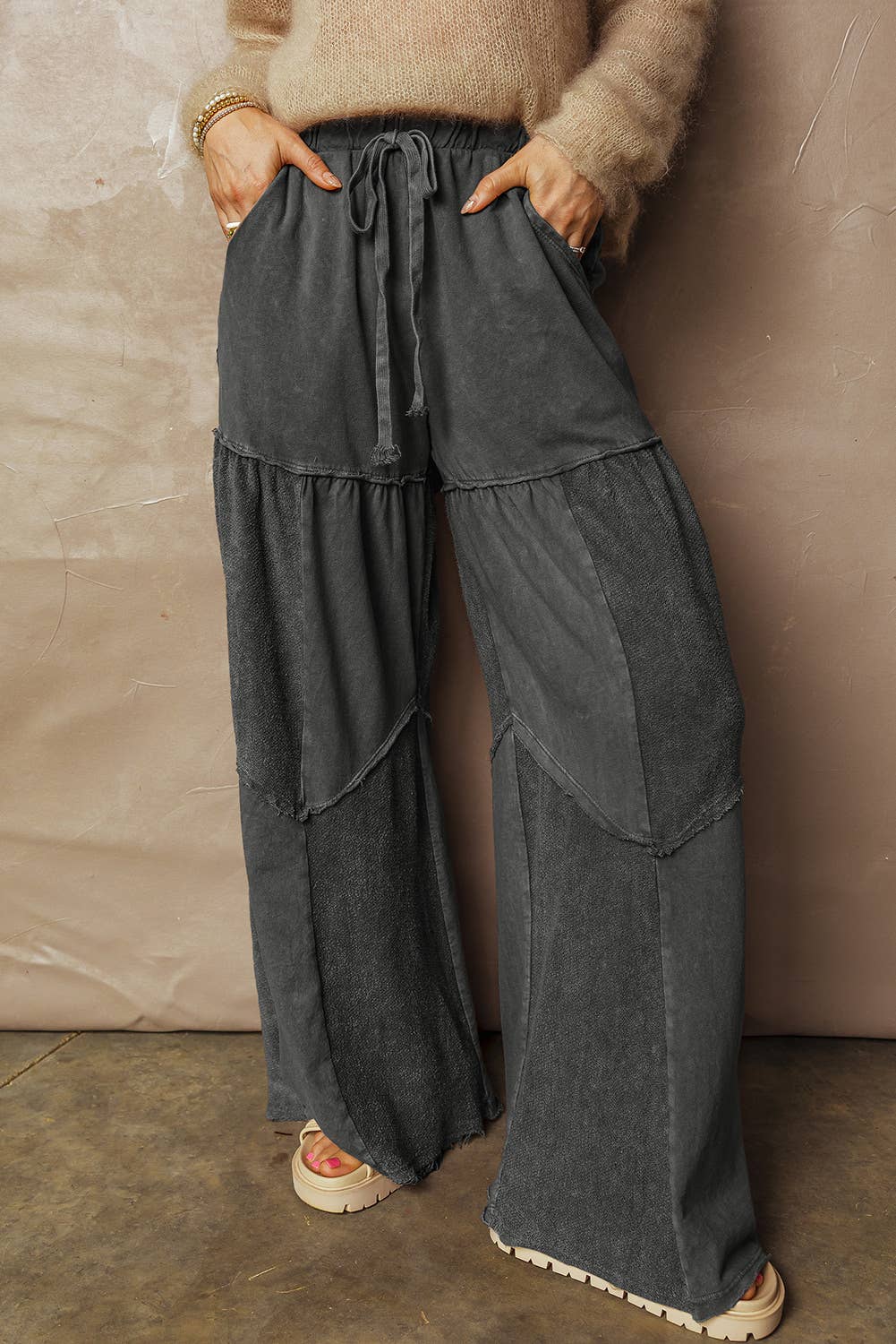 66DISCO - Mineral Wash Tiered Wide Leg Patchwork Drawstring Pants S-4X: Black / L
