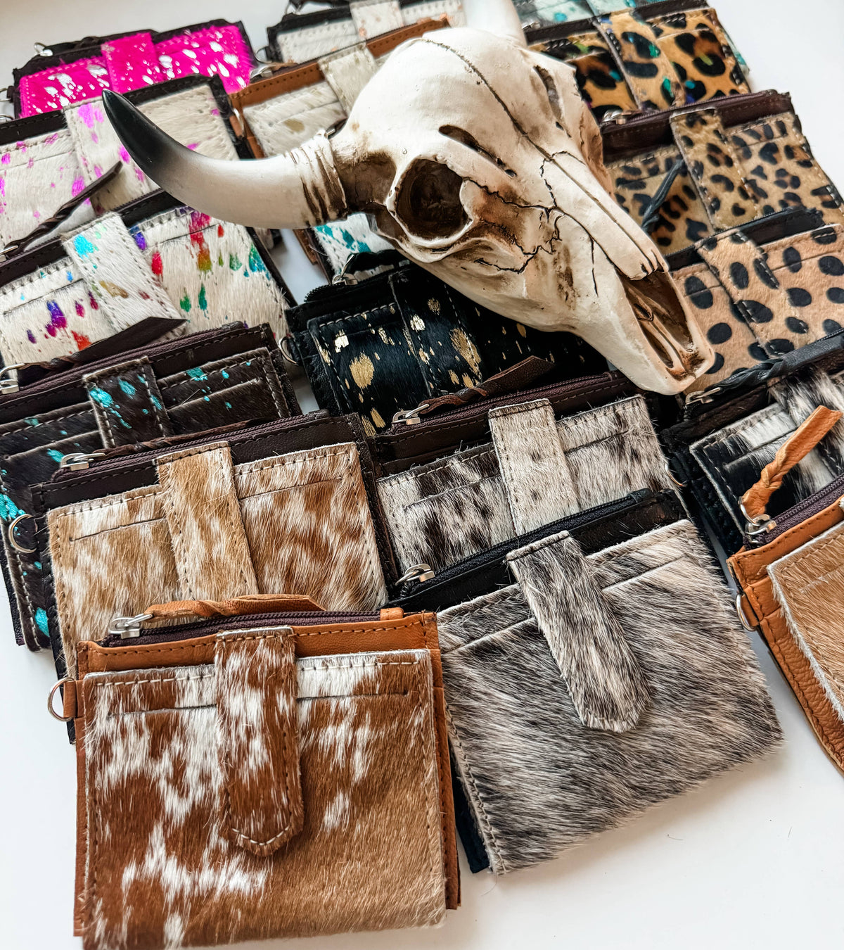 Boho Ranch Shop - Dakota Wristlet Wallet - Western Cowhide Leather Credit Card: 2 - BLACK + WHITE COWHIDE
