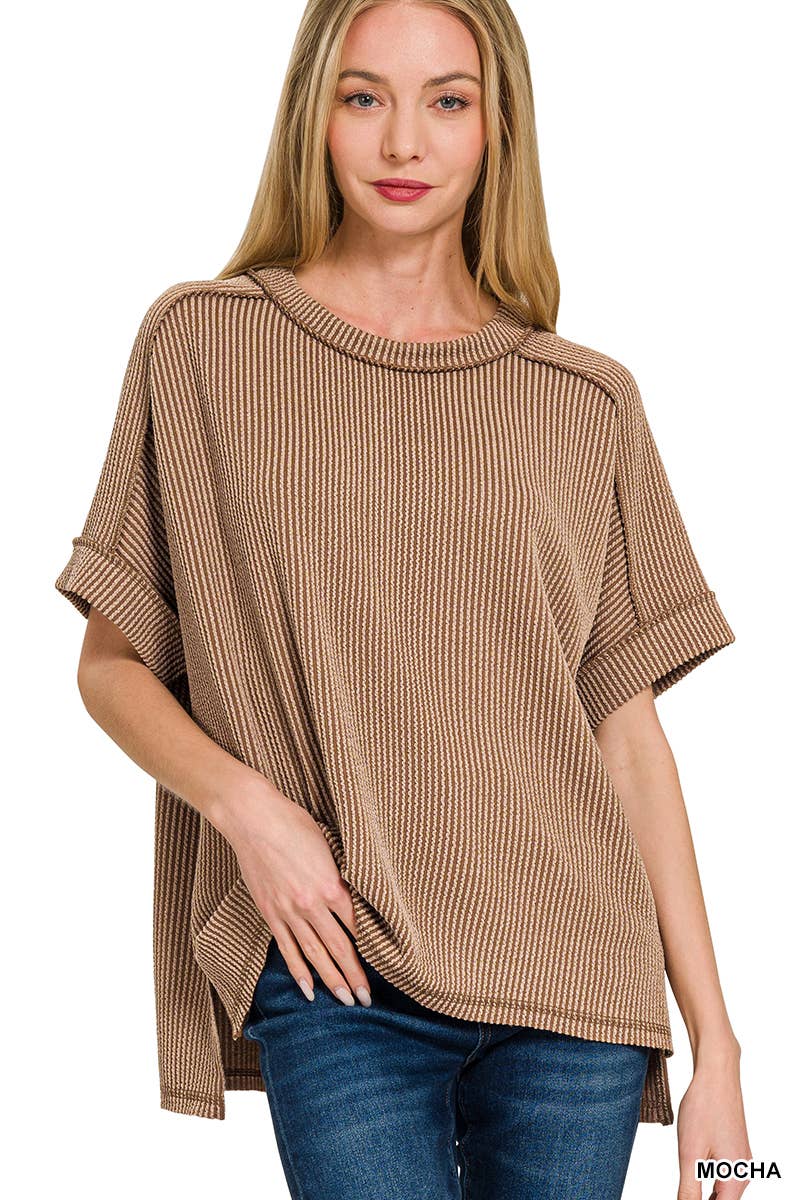 42POPS -  Corded Rib  Short Cuff Sleeve Raw Edge Top - Zenana: MOCHA-183423 / S/M