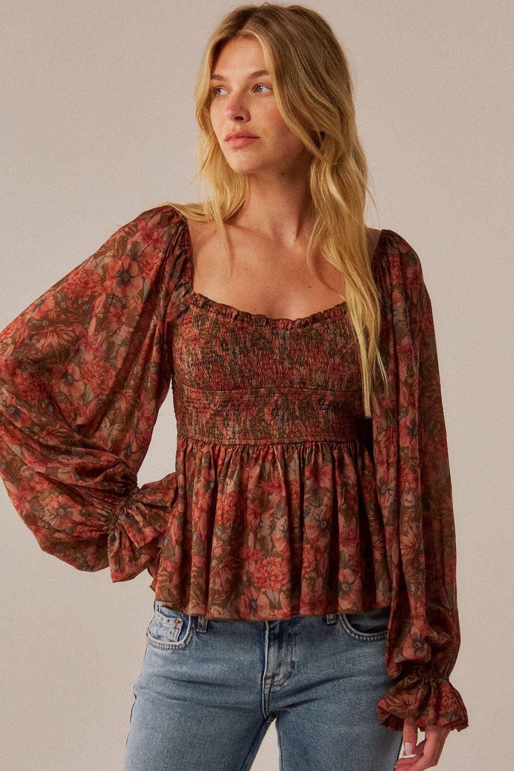 Floral-Print Sweetheart Peplum Top