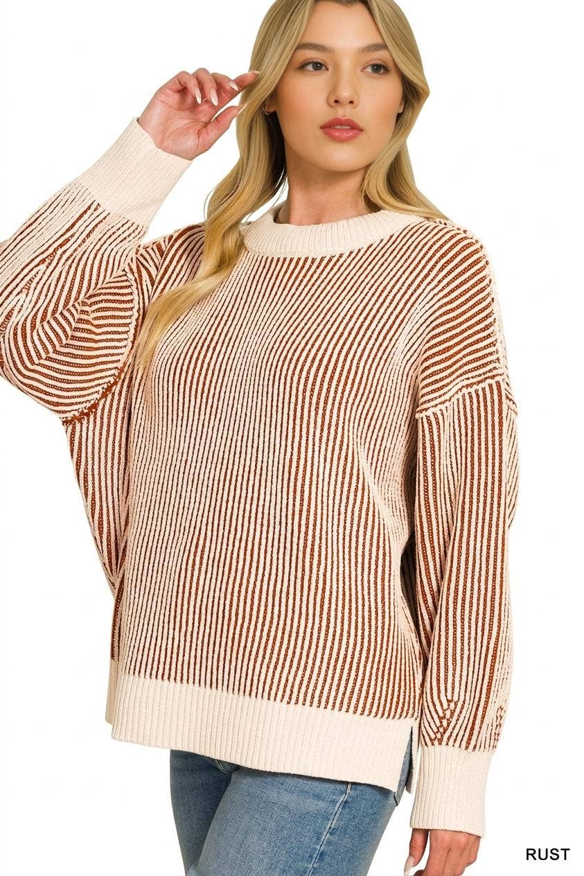 42POPS -  Two Tone Crewneck Oversized Sweater w/ Side slits Zenana: RUST-201510 / S/M