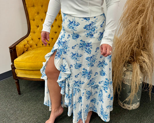 Split blue floral Ruffled Skirt