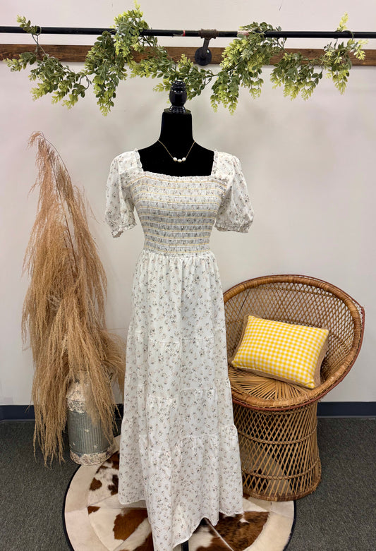 White Frilly Tiered Floral Maxi Dress