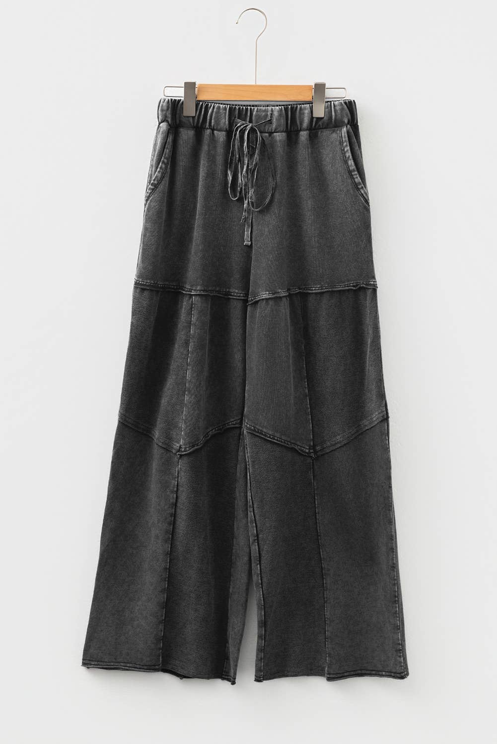 66DISCO - Mineral Wash Tiered Wide Leg Patchwork Drawstring Pants S-4X: Black / L