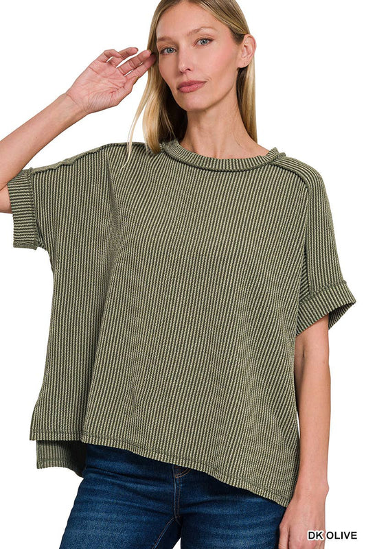 42POPS -  Corded Rib  Short Cuff Sleeve Raw Edge Top - Zenana: DK OLIVE-176917 / S/M