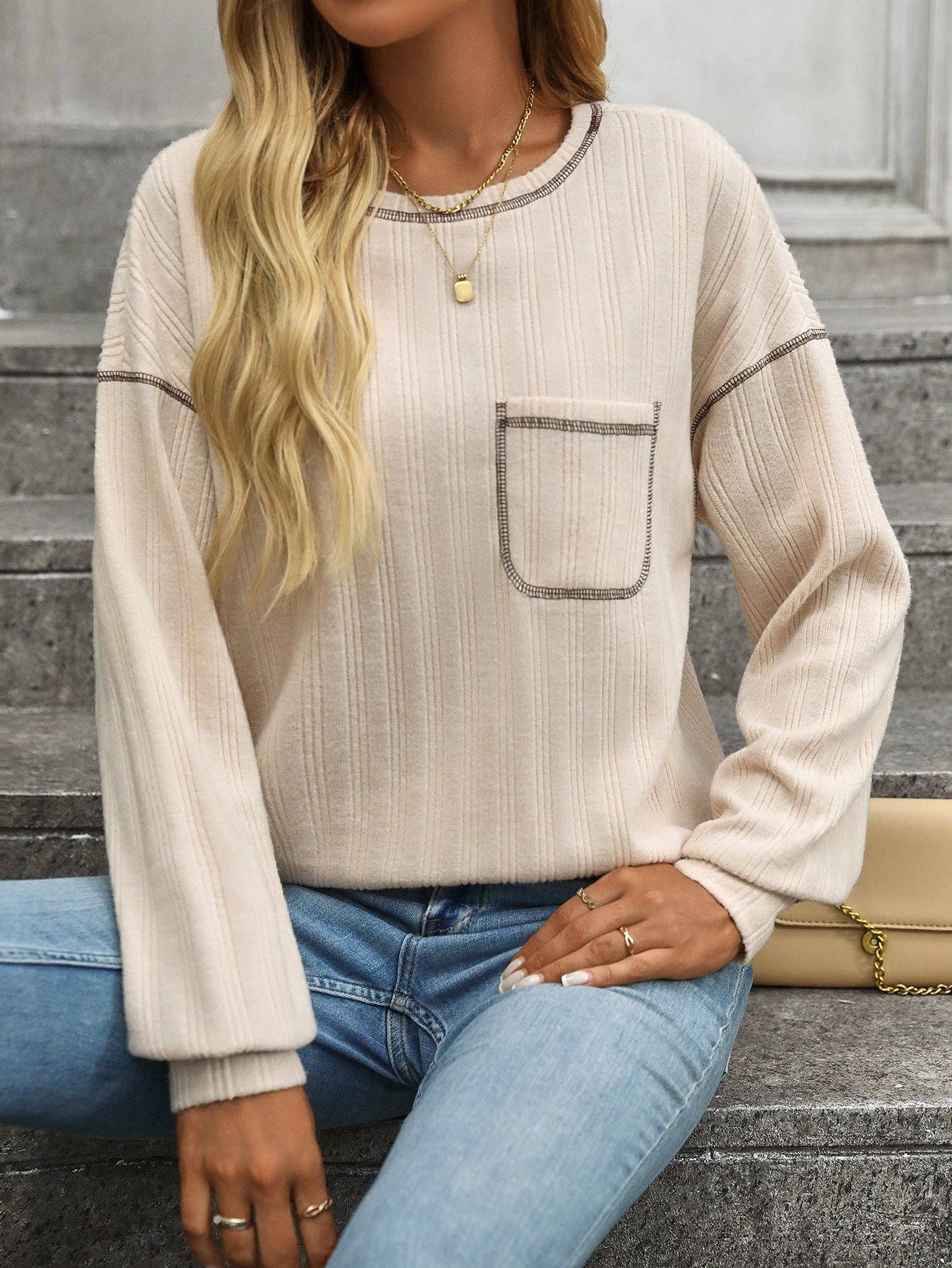 Apricot Ribbed Knit Long Sleeve