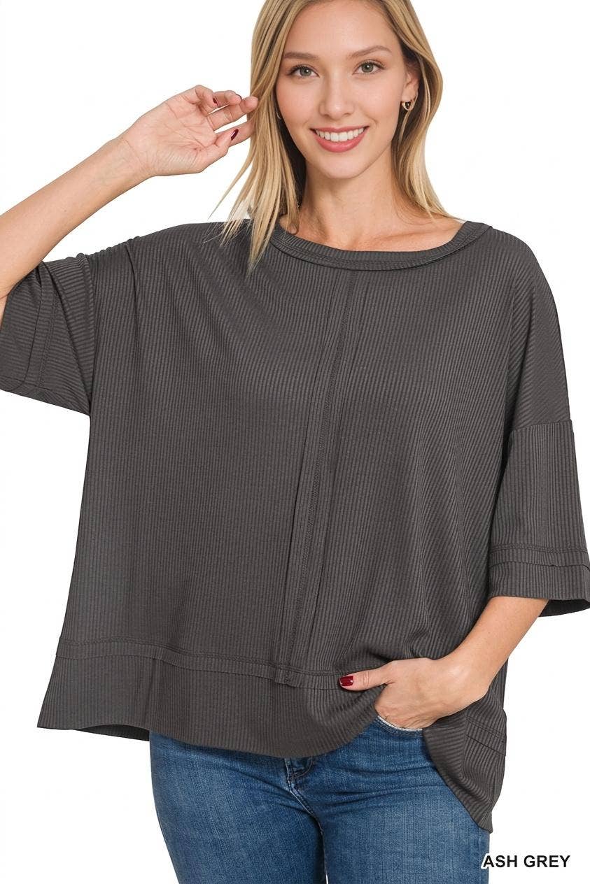 42POPS -  RIBBED BOAT NECK DOLMAN 3/4 SLEEVE TOP W FRONT SEAM - Zenana: BLACK-151419 / S