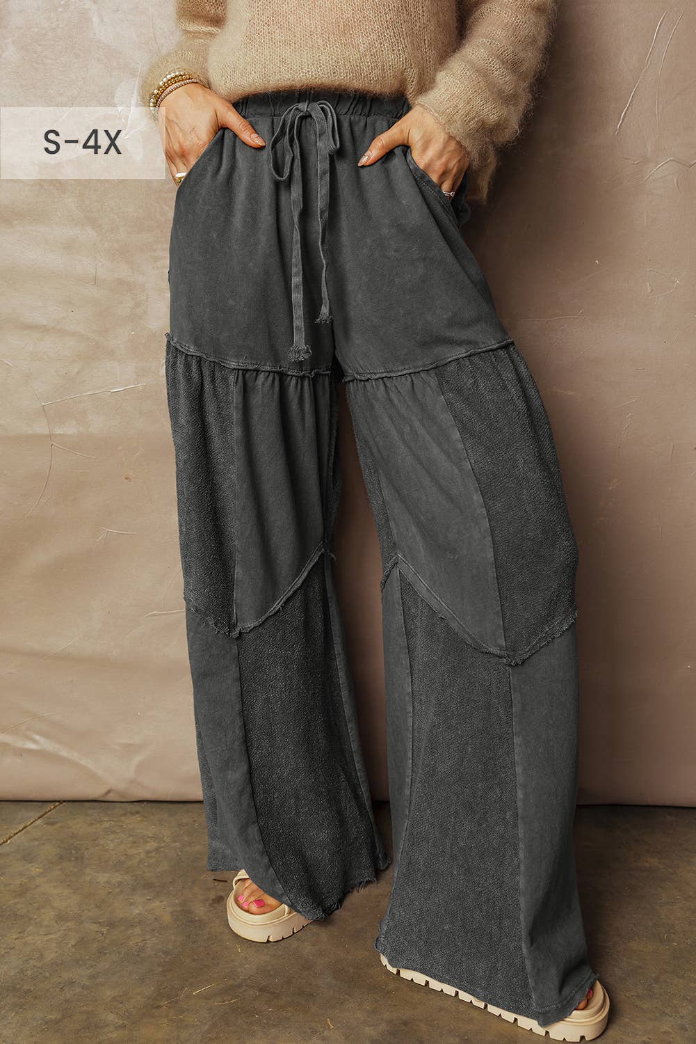 66DISCO - Mineral Wash Tiered Wide Leg Patchwork Drawstring Pants S-4X: Black / L