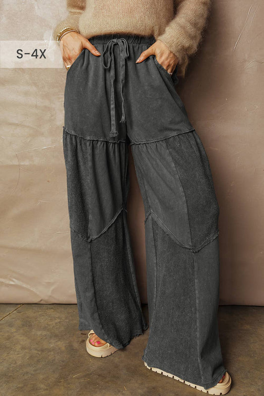 66DISCO - Mineral Wash Tiered Wide Leg Patchwork Drawstring Pants S-4X: Black / 1X
