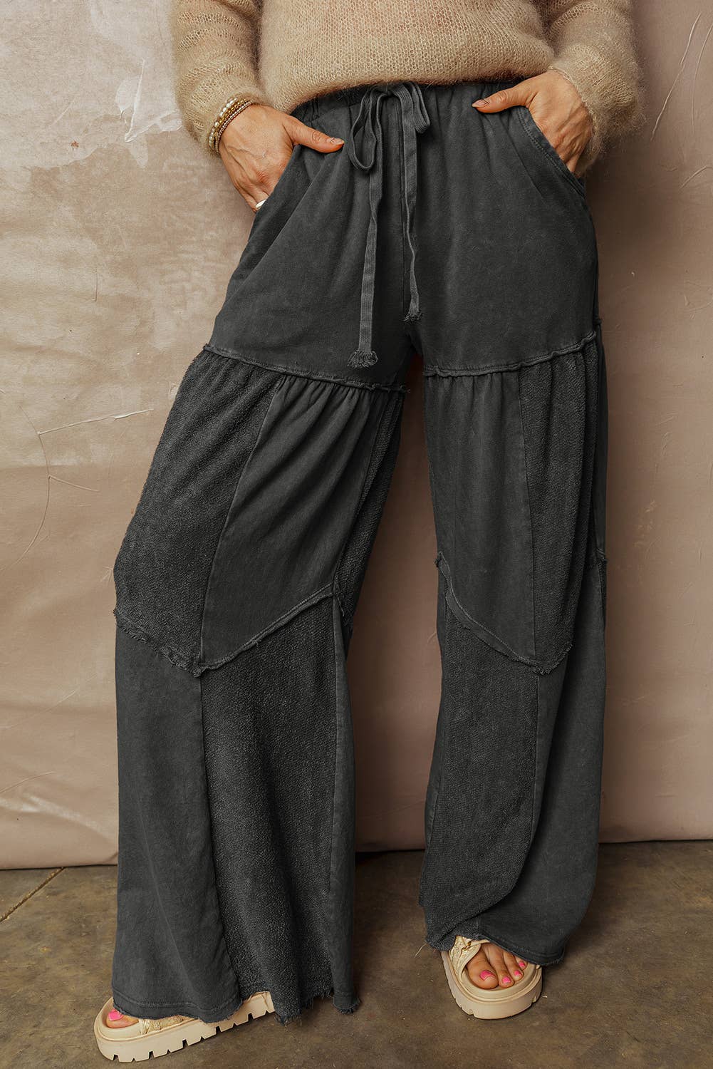 66DISCO - Mineral Wash Tiered Wide Leg Patchwork Drawstring Pants S-4X: Black / L
