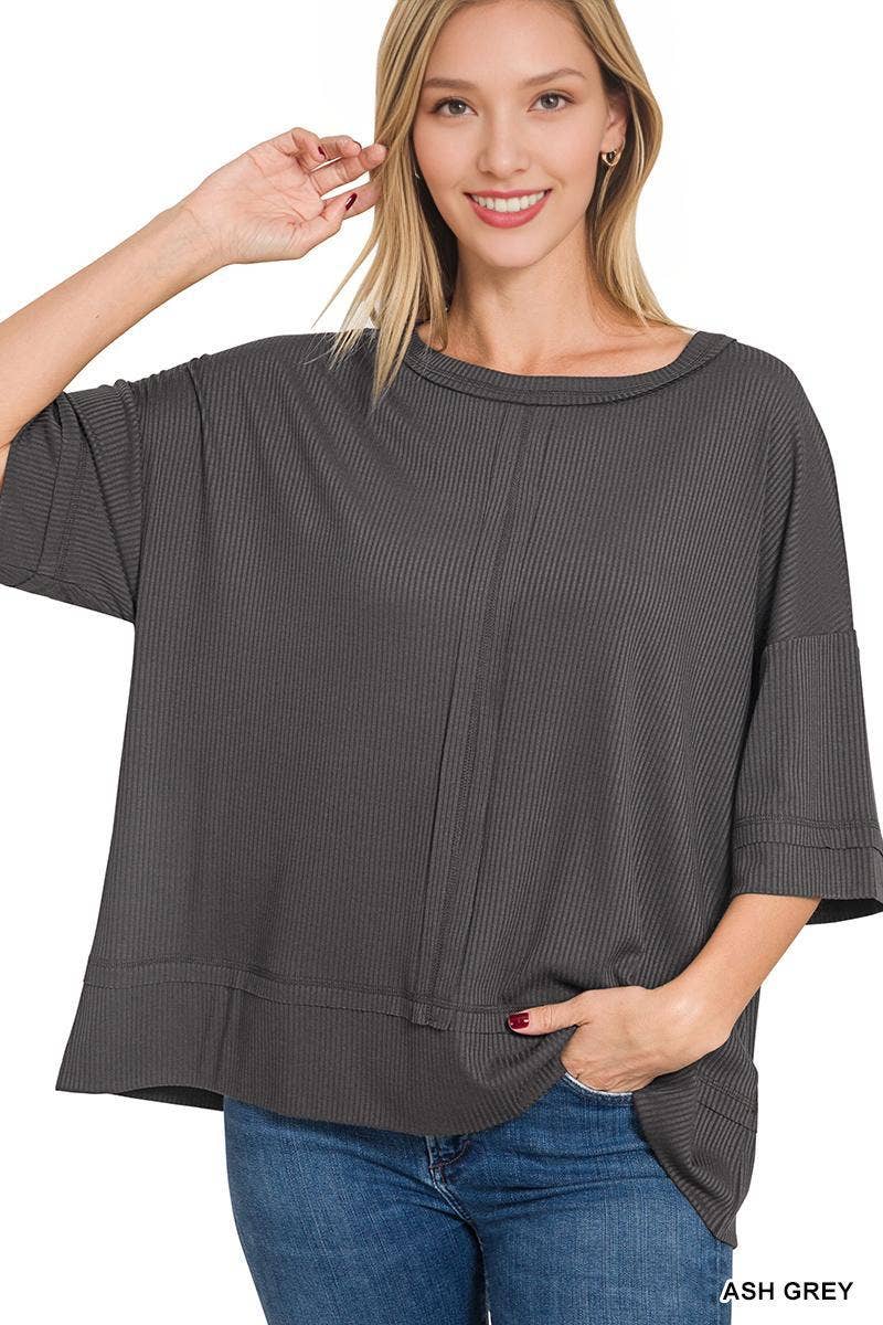 42POPS -  RIBBED BOAT NECK DOLMAN 3/4 SLEEVE TOP W FRONT SEAM - Zenana: BLACK-151419 / S
