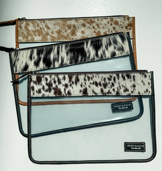 Cowhide Clear Toiletry Makeup Bag TAN + WHITE COWHIDE