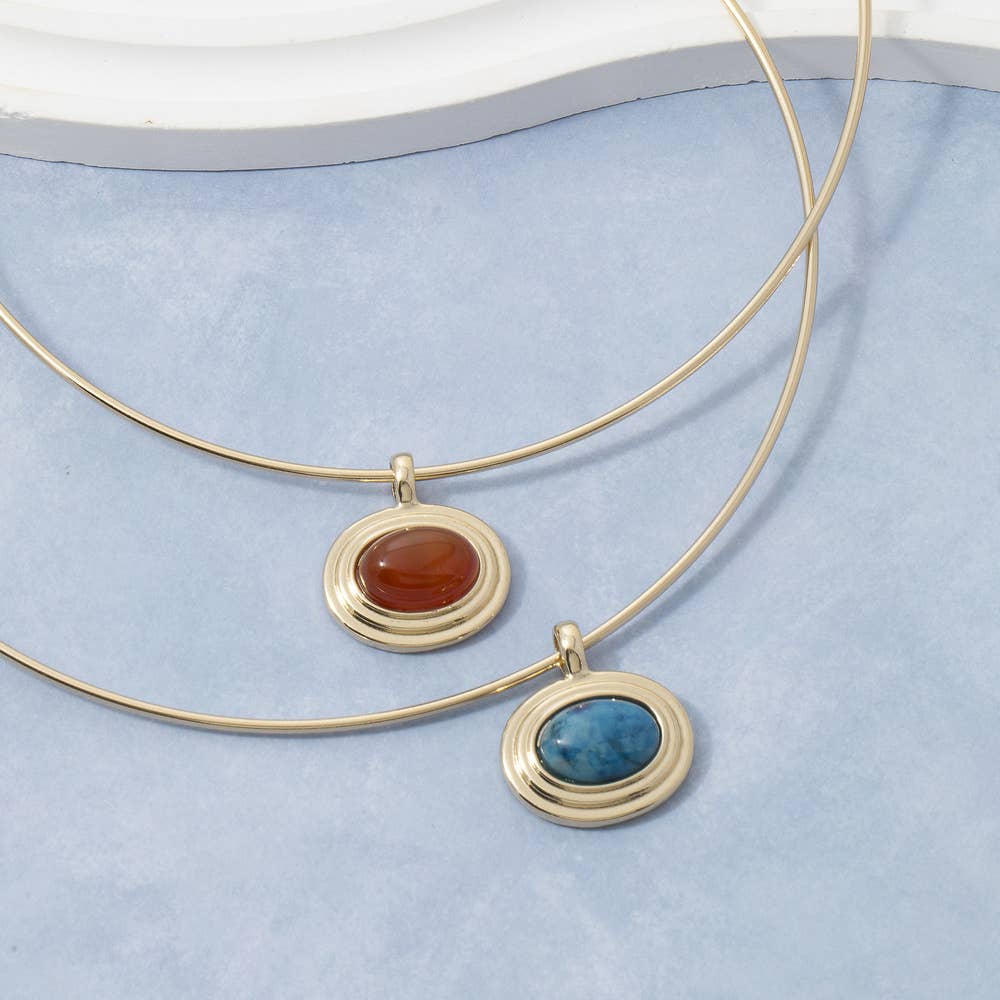 Oval Stone Pendant Omega Wire Necklace