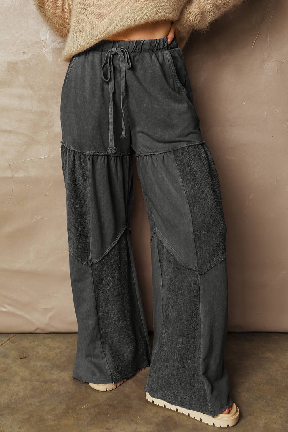 66DISCO - Mineral Wash Tiered Wide Leg Patchwork Drawstring Pants S-4X: Black / L