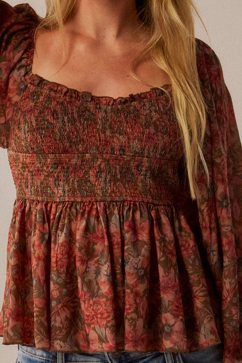 Floral-Print Sweetheart Peplum Top
