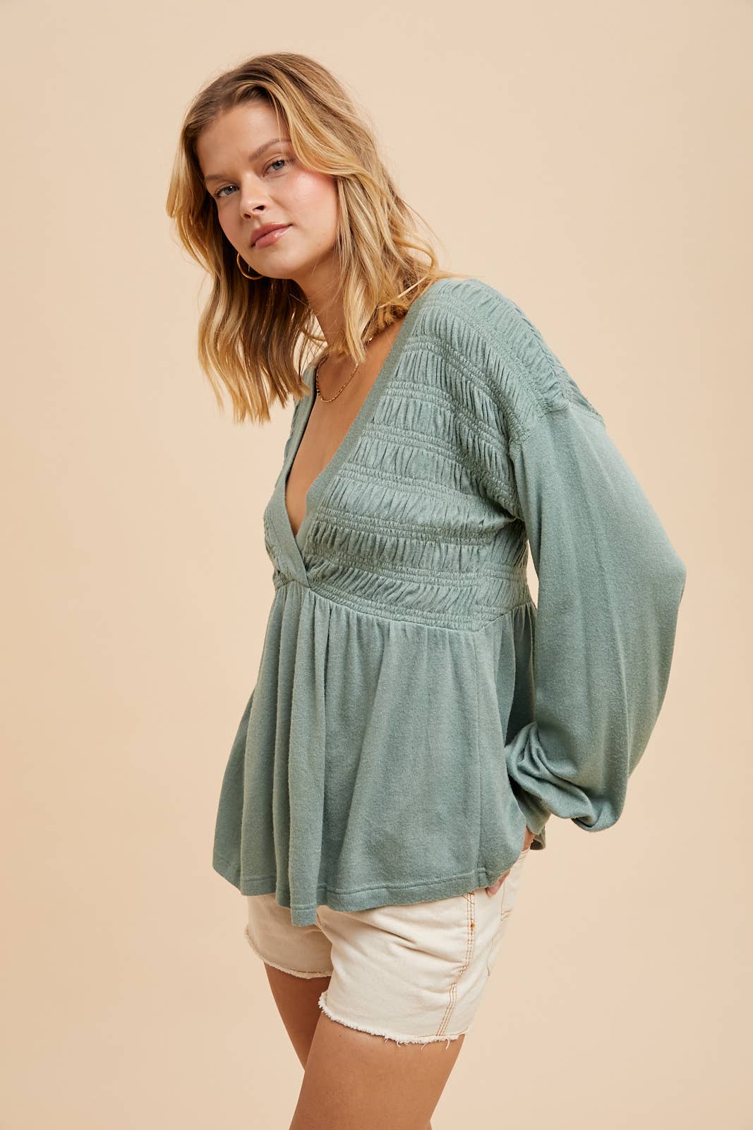 LONG SLEEVE V NECK BABYDOLL SWEATER